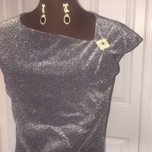 Festive metallic silver knit blouse